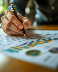 Close-up of a hand meticulously reviewing detailed financial charts and graphs using a pen