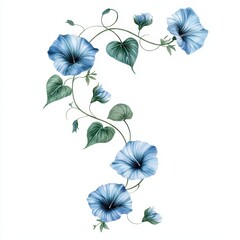 Elegant Blue Floral Design with Leaves and Vines on White Background