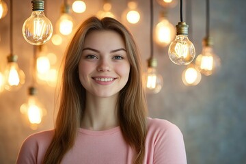 A woman in a white shirt smiles joyfully, illuminated by warm light bulbs in the evening.