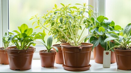 Fototapeta premium Various potted plants with lush green leaves on a sunny windowsill, with a blurred green background outside. The natural light and vibrant greenery create a fresh, calming atmosphere for home decor.