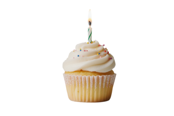Geburtstags-Cupcake mit Kerze und Streuseln, PNG mit transparentem Hintergrund

