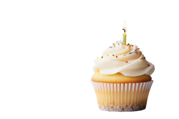 Geburtstags-Cupcake mit Kerze und Streuseln, PNG mit transparentem Hintergrund

