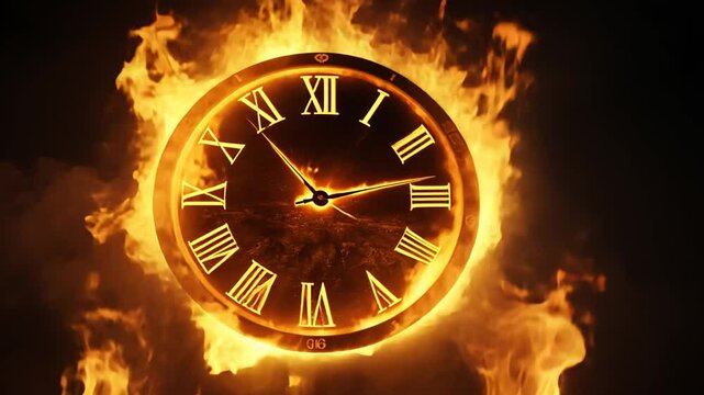 Burning time: An animated clock engulfed in flames, depicting urgency and intensity