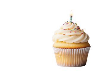 Geburtstags-Cupcake mit Kerze und Streuseln, PNG mit transparentem Hintergrund

