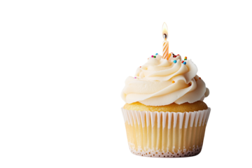 Geburtstags-Cupcake mit Kerze und Streuseln, PNG mit transparentem Hintergrund

