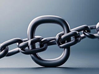 Close-up of a metallic chain link emphasizing strength and connection against a soft gradient background