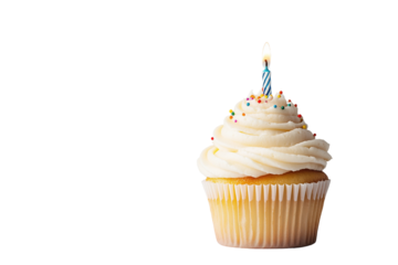 Geburtstags-Cupcake mit Kerze und Streuseln, PNG mit transparentem Hintergrund

