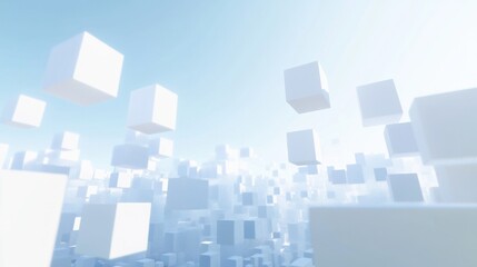 Abstract white cubes floating in a bright blue sky.