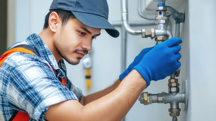 A technician in a cap focuses intently on repairing a plumbing system. Wearing gloves and a work outfit, he skillfully handles the tools required for the job, ensuring quality service