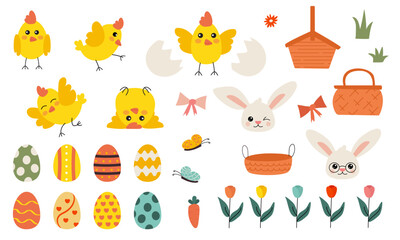 Obraz premium Easter Vector Set with Chicks, Eggs, Rabbits, and Flowers