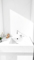 Soft white marble surrounds a minimalist sink, White, Glass