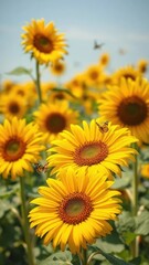 Obraz premium Soft petals of sunflowers sway gently in the breeze, as delicate butterflies dance around them, nature, serene