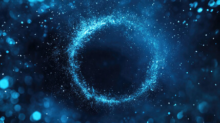 Obraz premium A stunning blue circular design features glittering particles scattered against a dark backdrop, creating a mesmerizing visual effect that captivates the viewer's attention