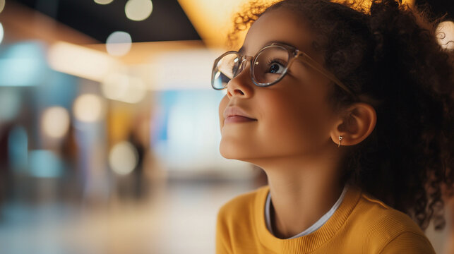 A young girl looking up at a wall of inspiring female role models, representing hop for future generations.