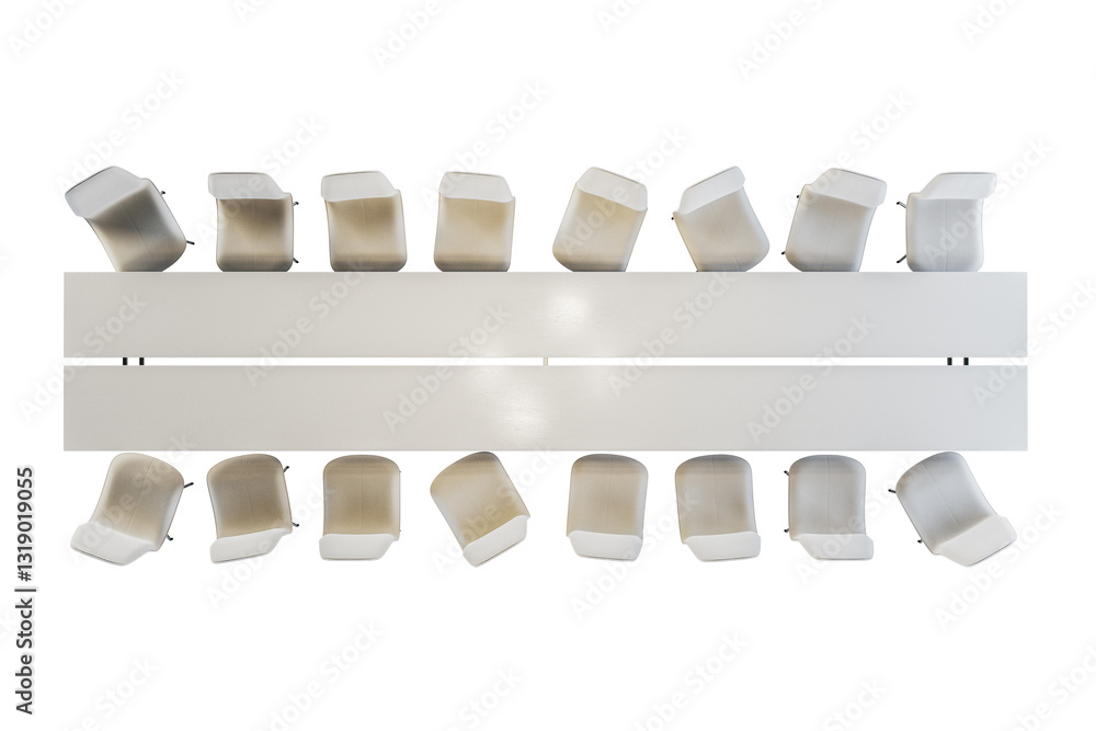 Aufkleber Large white conference table with multiple chairs arranged around it, top view, isolated on a white background, office and business meeting concept. 3D Rendering.