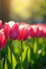 Fototapeta premium Soft light illuminates a row of fresh pink tulip stalks, sunlight filter, spring flowers
