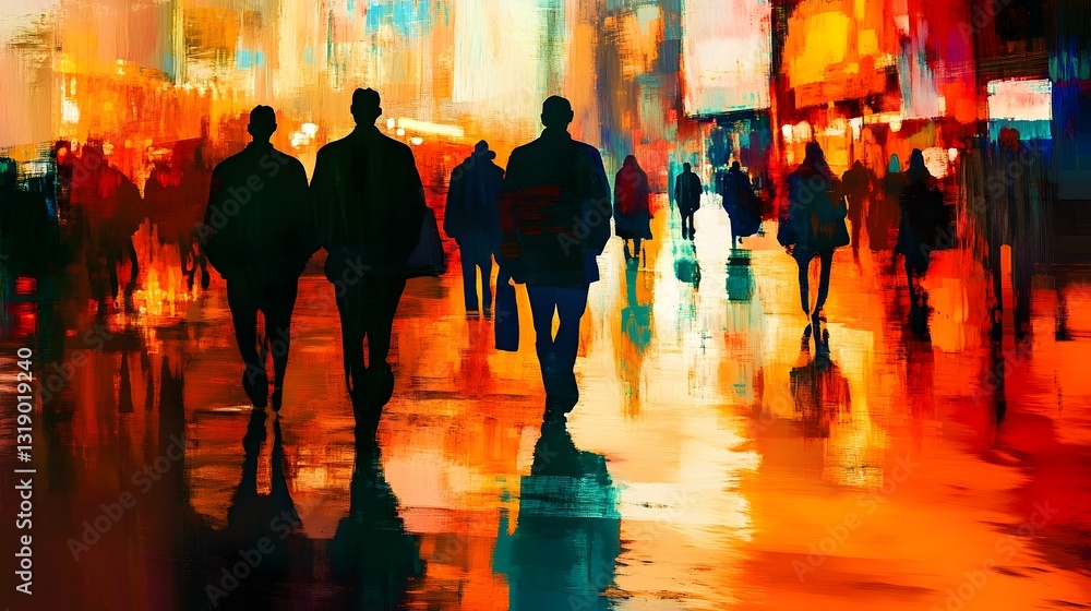 Poster silhouette figures of people hurriedly walking through a busy colorful cityscape at night the scene 