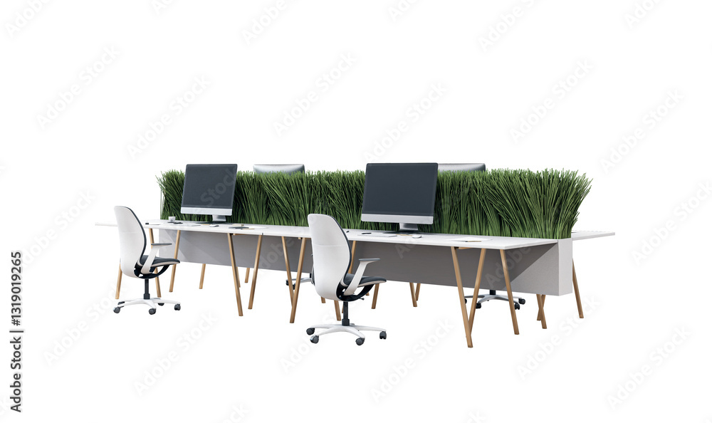 Poster office desk with grass dividers, computers, and chairs, isolated on white background. creative works