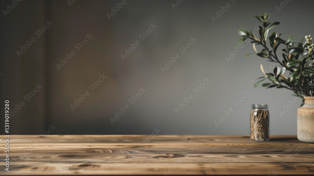 Aufkleber Wooden table copy space background empty desk template. table horizontal background mock up with plaster wall and vase. Empty display with soft shadow and sunlight light