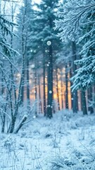 Snowflakes gently falling on a frosty forest landscape, magical, frost, nature
