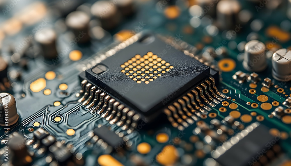 Poster close-up of a microchip's intricate circuitry on a circuit board, showcasing technological precision
