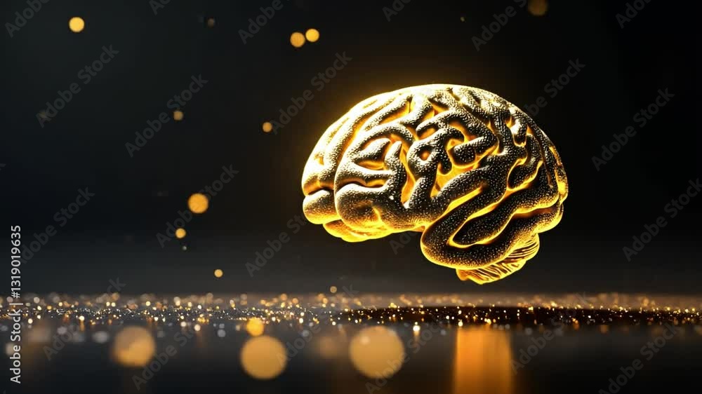Poster golden brain with sparkling particles on a dark background representing creativity, intelligence, an