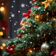 Obraz premium Snowflakes gently fall on a festive Christmas tree, christmas tree, snowflakes