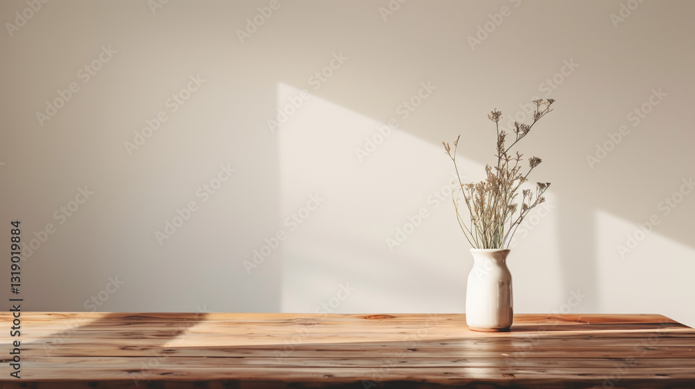 Aufkleber Wooden table copy space background empty desk template. table horizontal background mock up with plaster wall and vase. Empty display with soft shadow and sunlight light