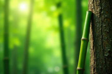 Fototapeta premium single piece of bamboo leaning against tree trunk, tree, branch