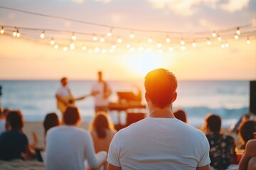 A sunset beachside concert, fans sitting on the sand, swaying and singing along with a live acoustic band.