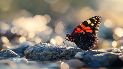 Obraz premium Red admiral Vanessa atalanta a rocky surface by a stream vibrant red and black wing patterns lifelike textures natural lighting