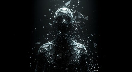 Obraz premium Shattered Glass Figure Eerily Lit in Dark Void with Angular Fragmentation and Light Reflections Creating a Dramatic Art Installation