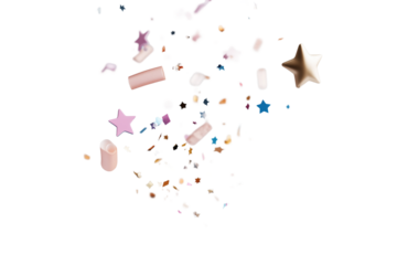 Feierliche Konfettiexplosion mit bunten Sternen und Partikeleffekten, PNG mit transparentem Hintergrund

