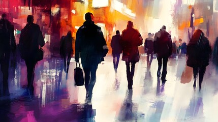 Silhouetted figures hurry through a bustling city street on a rainy night their umbrellas and reflections creating a dynamic atmospheric urban scene