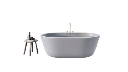 Freestanding bathtub with faucet and wooden stool with toiletries, isolated on white background. Clean and modern bathroom element. 3D Rendering.