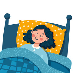 Woman sleeping in bed. Healthy sleep. Flat graphic vector illustration on white background