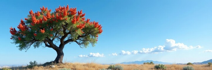 Pointleaf manzanita tree with urn-shaped flowers against a blue sky, landscape, nature, sky