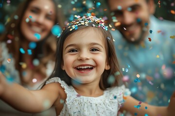 A happy child girl enjoys her birthday celebration with colorful confetti around her.