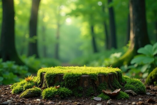 Podium covered with forest floor elements like moss and twigs, podium,