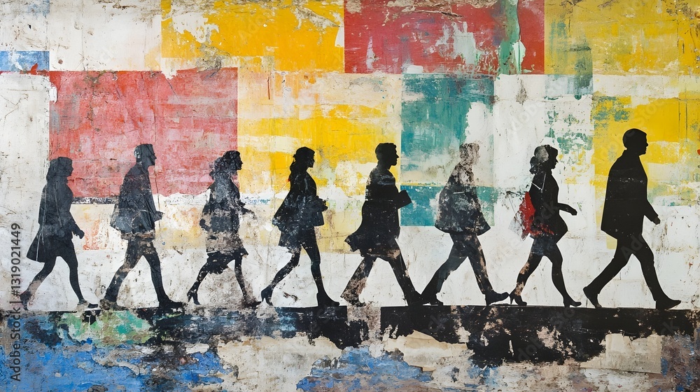 Poster Silhouetted figures of a group of people walking together in a vibrant and colorful urban setting with graffiti covered walls and abstract textures in the background depicting a sense of teamwork