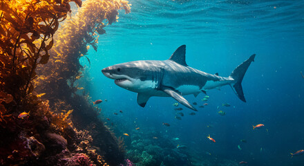 Great White Shark Underwater in a Dramatic Scene