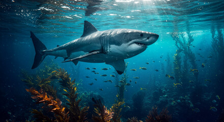 Fototapeta premium Great White Shark Underwater in a Dramatic Scene