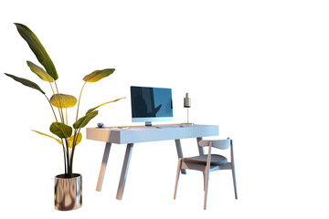 Stylish office desk setup with computer, lamp, chair, and a large potted plant on a white background. Clean and modern workspace concept. 3D Rendering