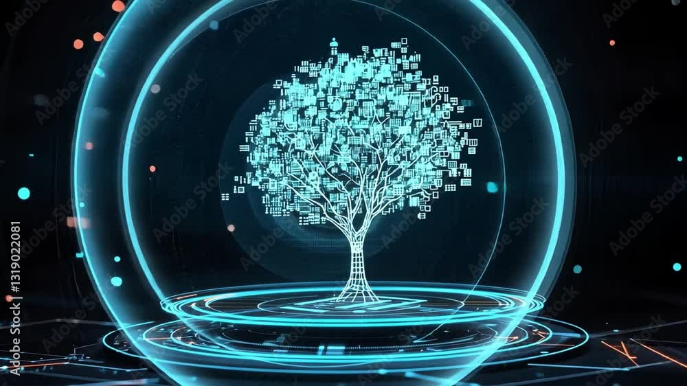 Poster futuristic digital tree representing growth and technology in a virtual environment with visual data