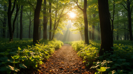 Obraz premium Spring forest with a path and sun rays