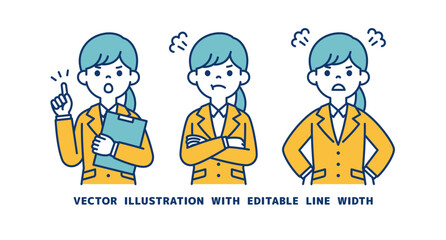 怒る・叱る・注意する、リクルートスーツを着た女性のベクターイラスト素材セット＿線幅の編集可能	