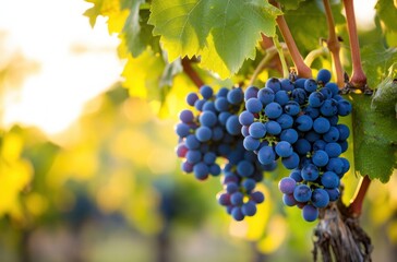 Vibrant ripe grapes on vine at sunset in lush vineyard.