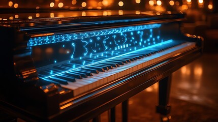 Grand piano keyboard at night with classical black and white keys