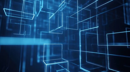 Abstract Blue Neon Lines,  Digital Cubes and Geometric Shapes in 3D