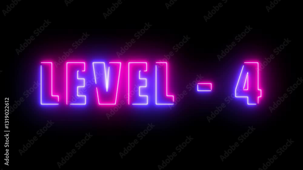 Fototapete level 4 text font with neon light. level up neon four sign. neon letters spelling out level up appea